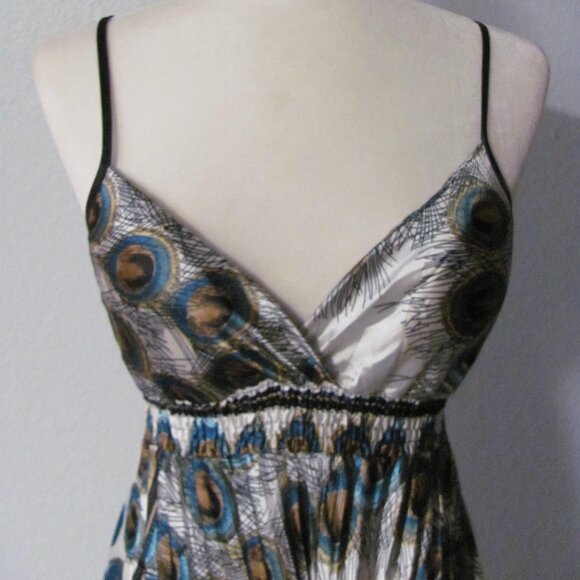 Step In Style White Satin Peacock Print Pleated Skirt Maxi Dress NWT One Size - Picture 2 of 6